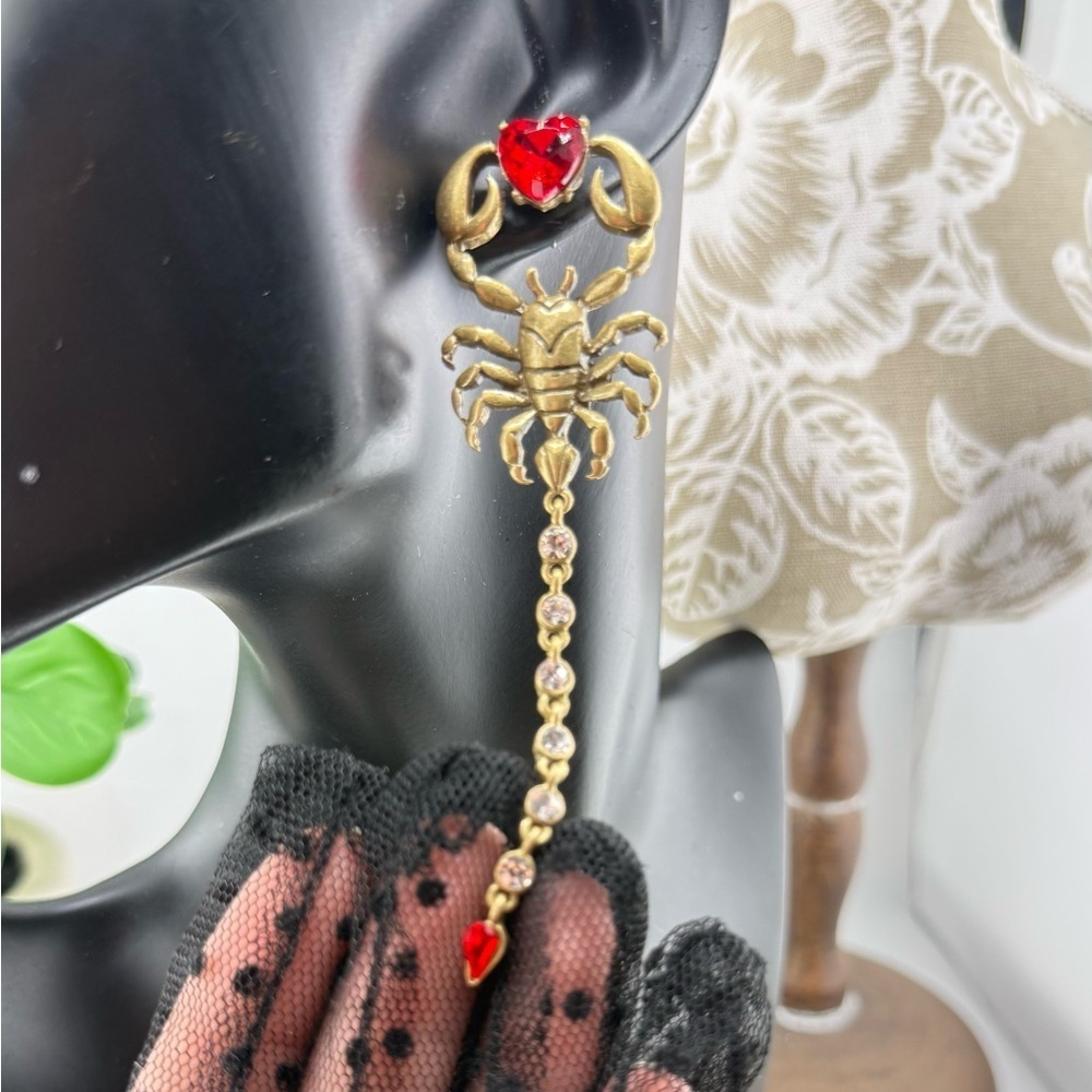 Gothic Scorpion Drop Earrings | Red Crystal Heart & Rhinestone Tail - Picture 12 of 12